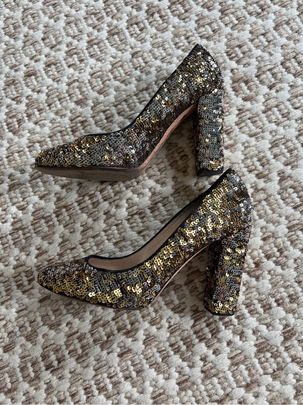 J. Crew Gold and Black Sequin Block Heel Pumps